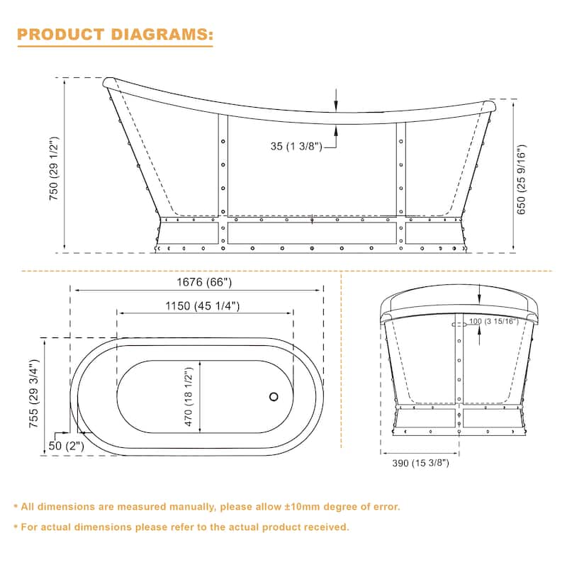 66'' W,69 GALLONS Freestanding Acrylic Soaking Bathtub With Drain And Overflow Holes
