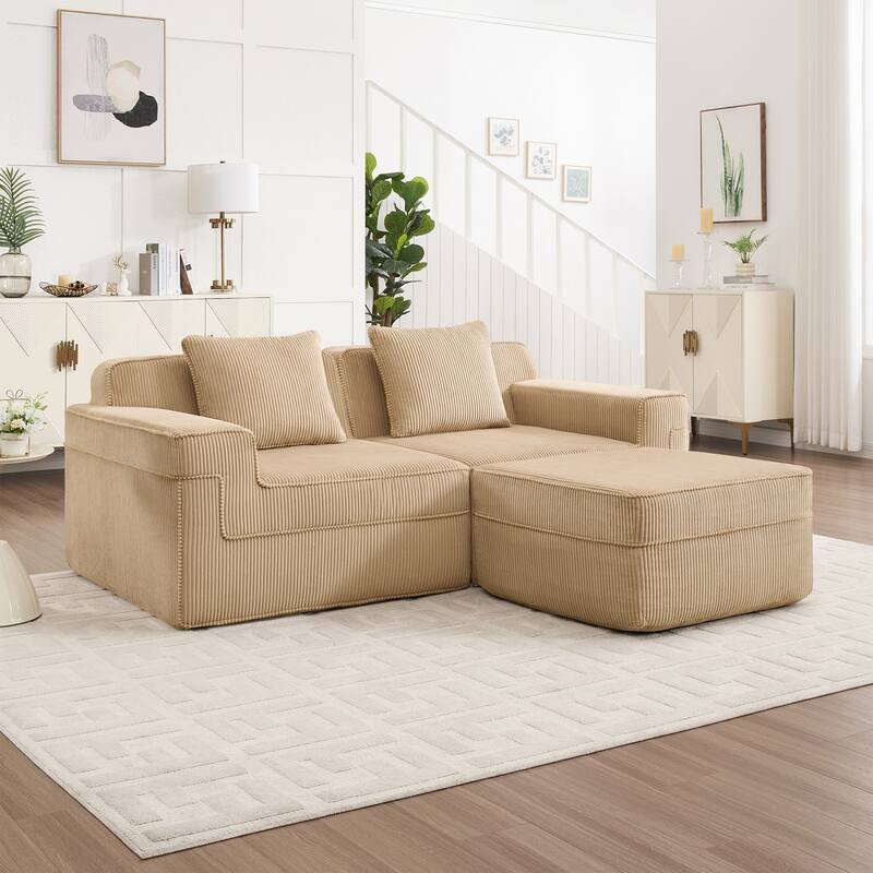 2 Seat L Shape Sectional Sofa, Cloud Sofa Couch with Deep Seat, Loveseat Sofa with Throw Pillows and Movable Ottoman - Camel