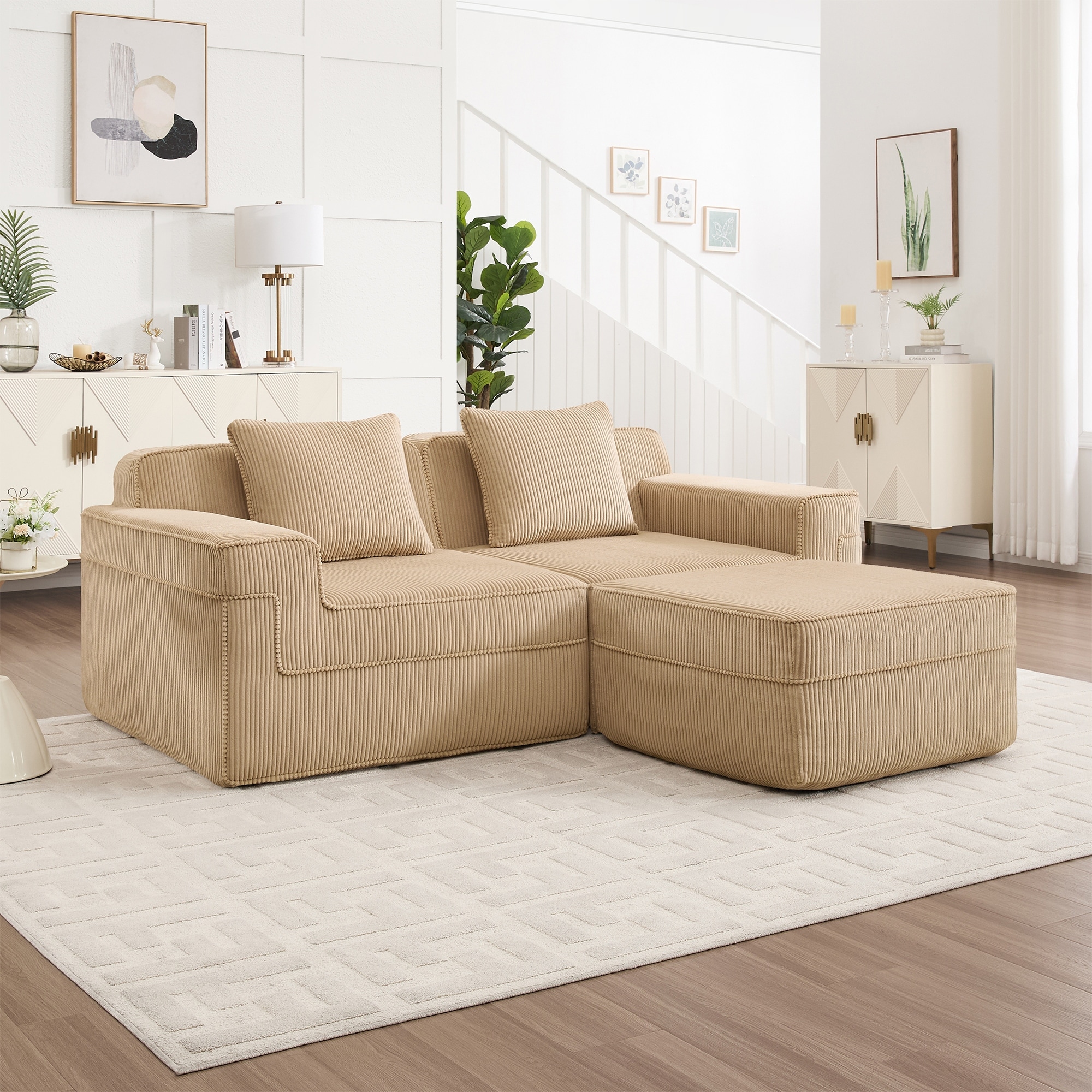 2 Seat L Shape Sectional Sofa, Cloud Sofa Couch with Deep Seat, Loveseat Sofa with Throw Pillows and Movable Ottoman