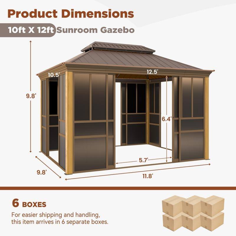 Outdoor Hardtop Sunroom Gazebo with Double Roof & Sliding Doors, All-Season Aluminum Outdoor Pergola, PE Screens&Lockable Design