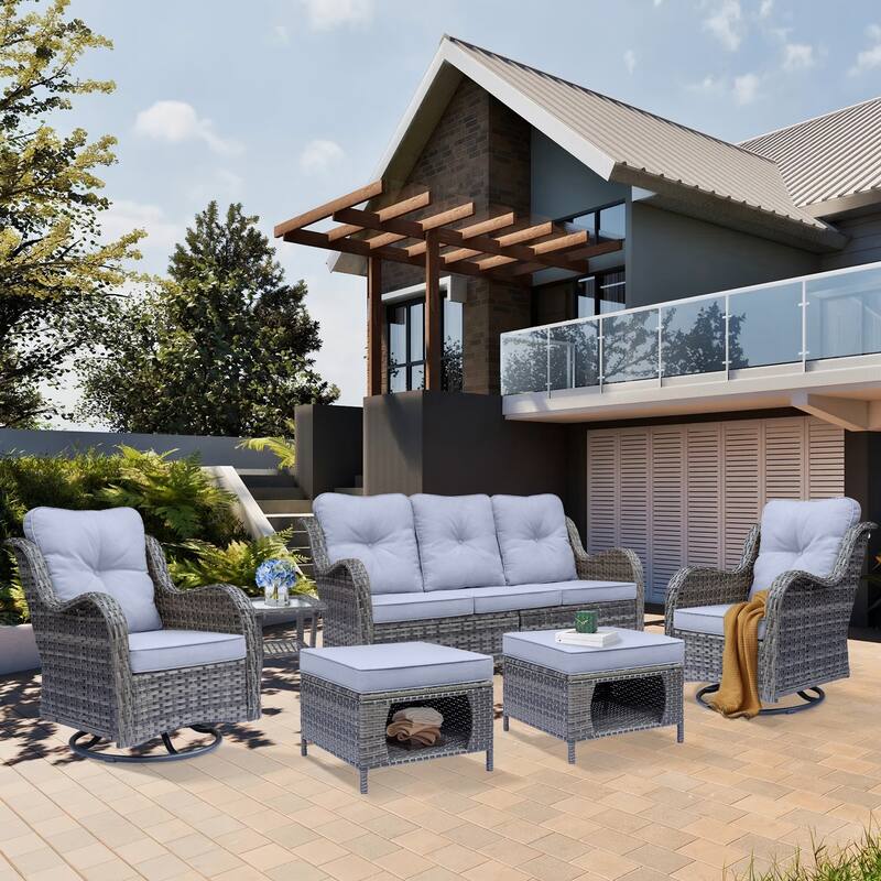 6 Piece Outdoor Wicker Patio Conversation Sofa Sets with Swivel Chairs - Grey-Gray Rattan