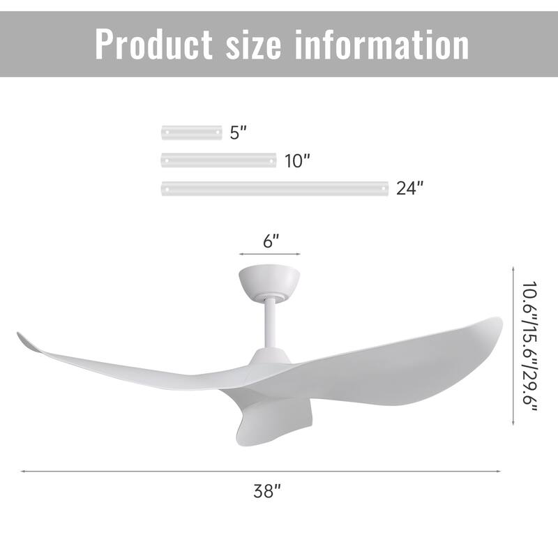 38'' Downrod Ceiling Fan No Light with Remote Reversible DC 6 Speeds Timer Fan