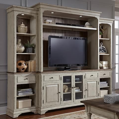 Morgan Creek Antique White Wire Brushed Tobacco Accents Entertainment Center with Piers