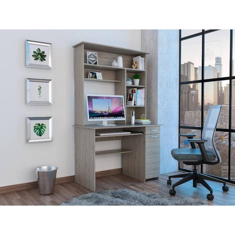 Compu 180 Hutch Desk with 5 Shelves, Retractable Keyboard Tray, CPU Panel, and Drawer