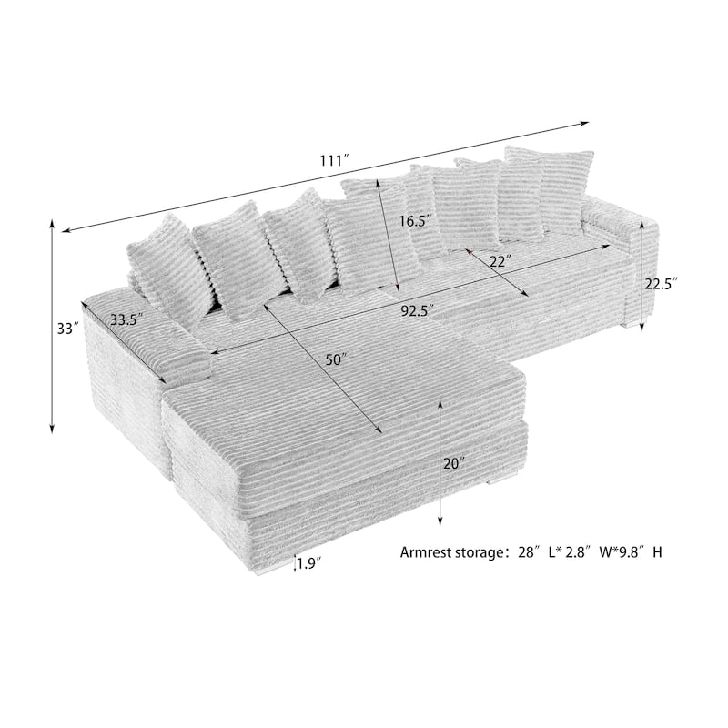 111" Corduroy Large L shape Sofa Sectional Sofa with Pillows