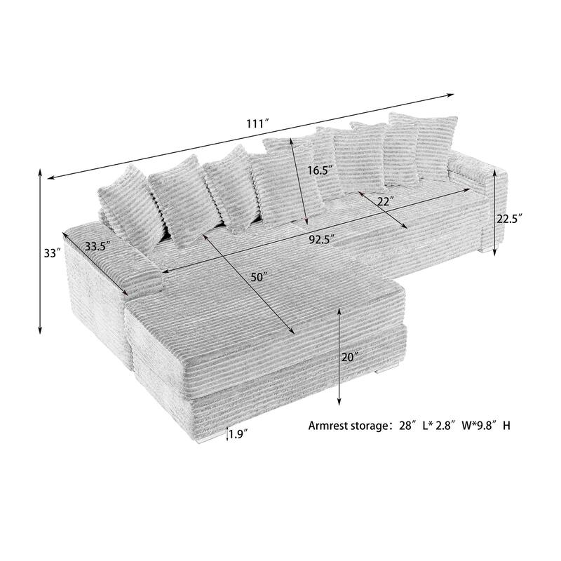 111.4" Black Corduroy Sofa with 8 Throw Pillows and Matching Foot