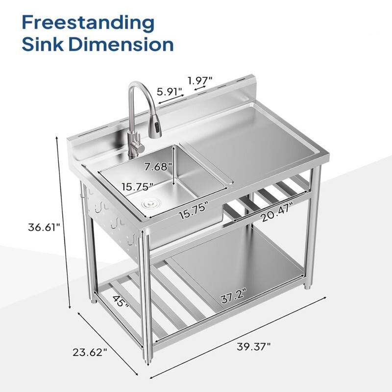 39 In. Freestanding Stainless Steel Single Bowl Kitchen Sink In Silver With Shelves And Hanging Hooks - N/A