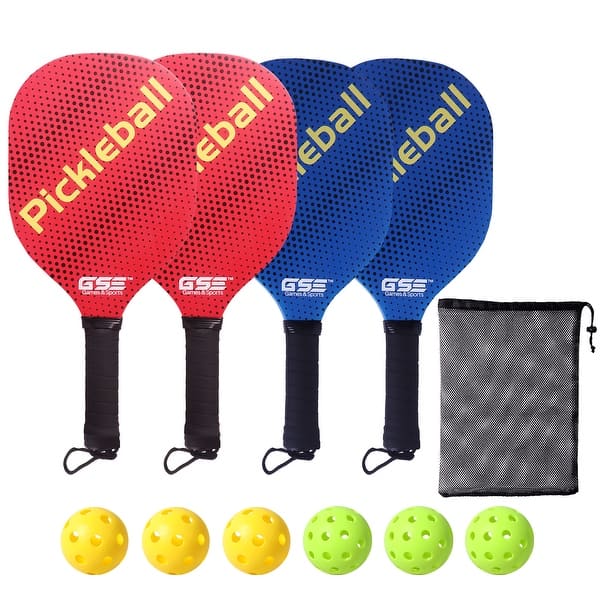 slide 2 of 6, GSE™ Pickleball Paddles Set with 4 Wooden Pickleball Rackets, 3 Indoor & 3 Outdoor Pickleball Balls, Mesh Carrying Bag Blue/Red
