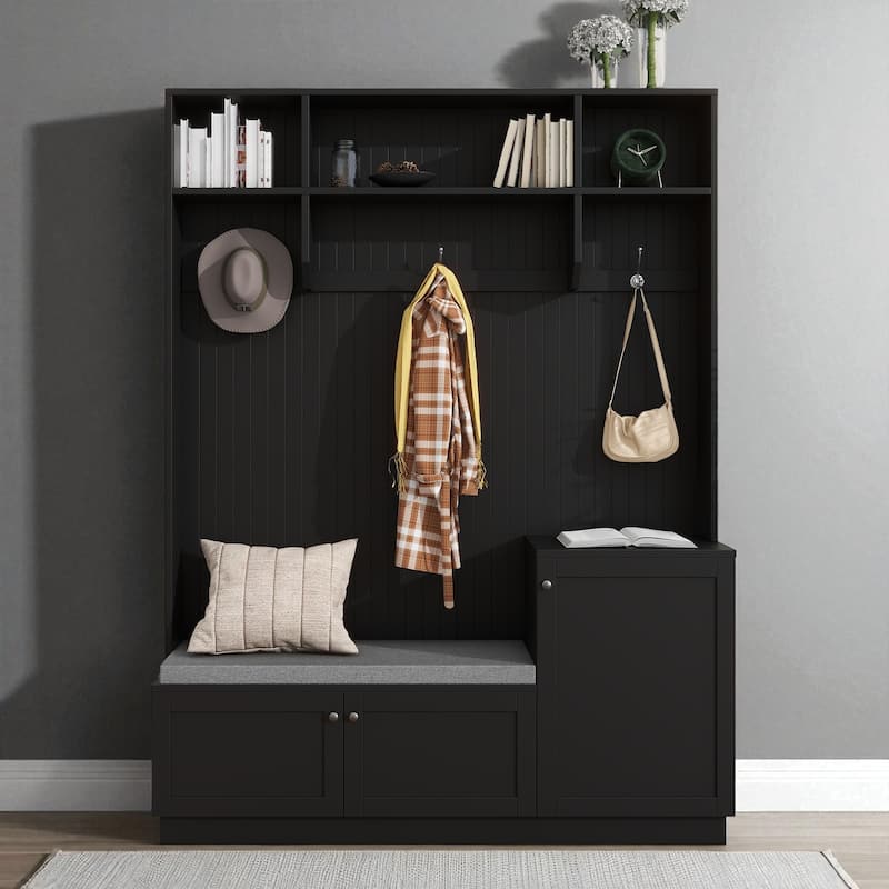 Modern Hall Tree with Padded Bench, 3 Cabinets, 3 Hooks, Shelves, Entryway Coat Rack & Shoe Storage, 59" Wide - Black