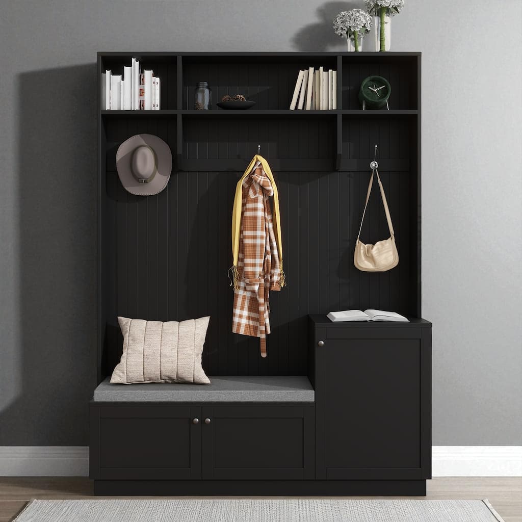 Modern Hall Tree with Padded Bench, 3 Cabinets, 3 Hooks, Shelves, Entryway Coat Rack & Shoe Storage, 59" Wide