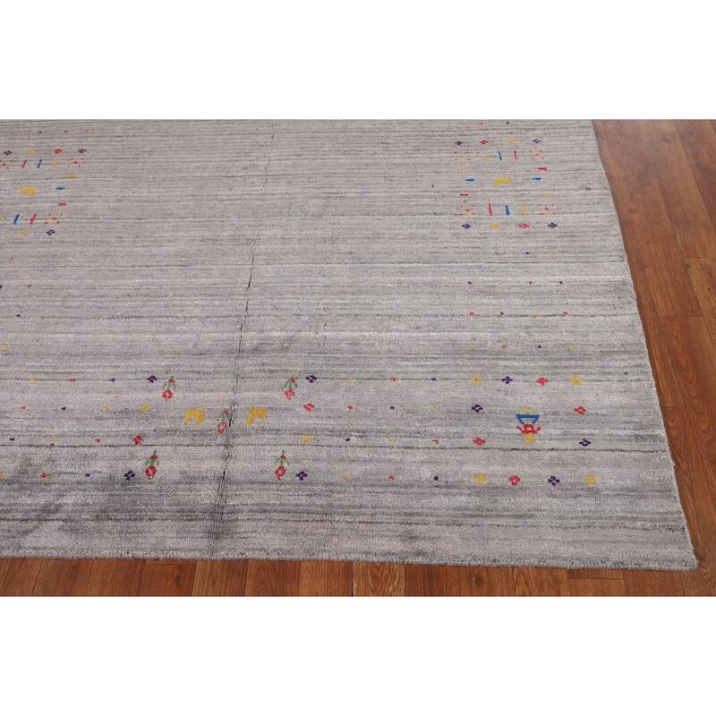 Gray & Green Striped Gabbeh Oriental Area Rug Handmade Silk Carpet - 5'2" x 7'10"