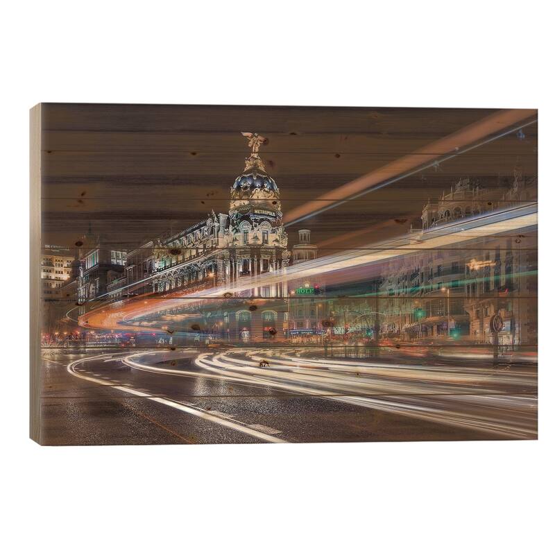 Madrid Traffic Print On Wood by Javier de la Torre - Multi-Color - 18x26x1.5