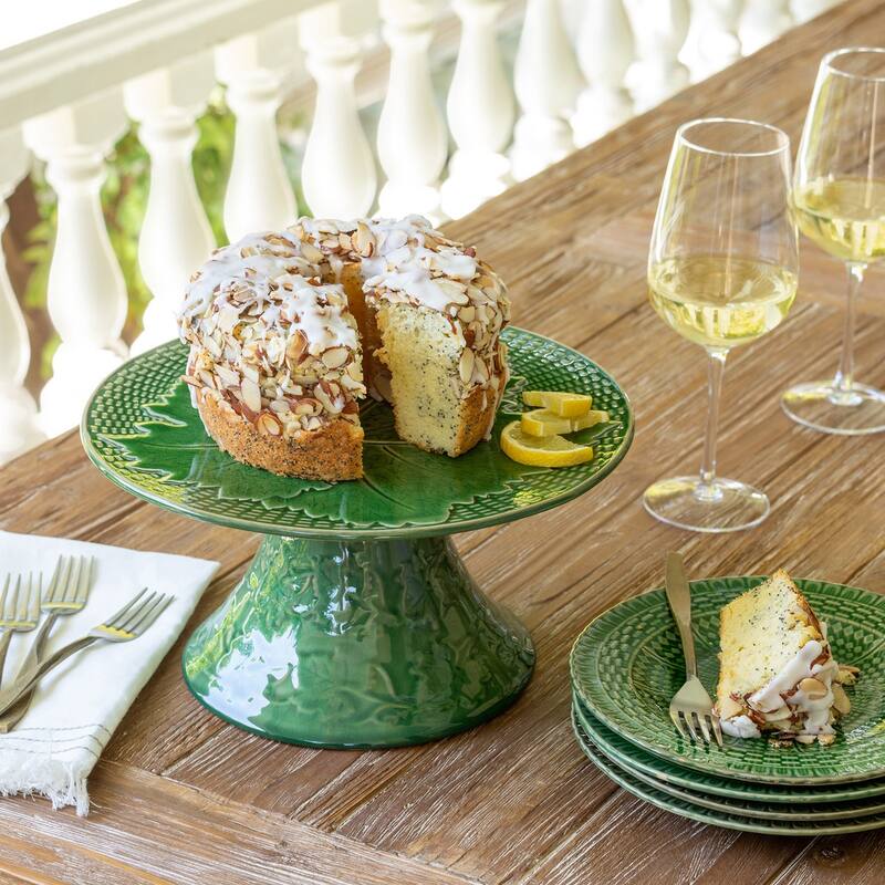 Green Ceramic Cake Stand with Ornate Grape Leaf Design and Woven Basket Pattern