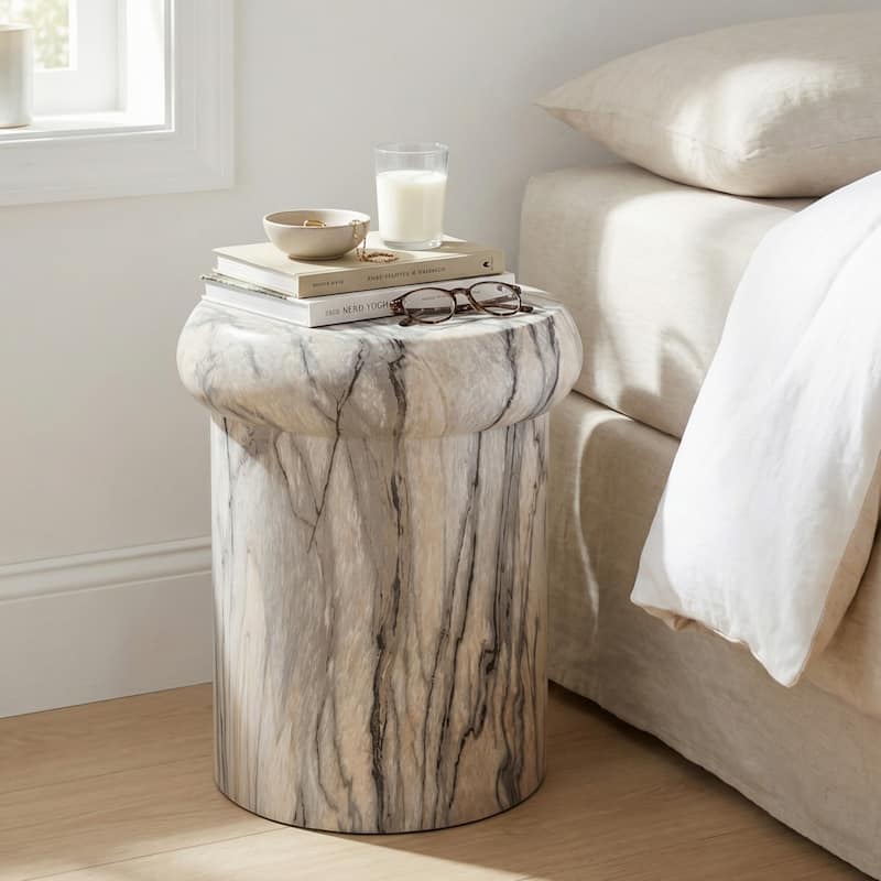 Christopher Knight Home - Lightweight Concrete Sculptural Side Table with Faux Marble Travertine Finish for Indoor & Outdoor