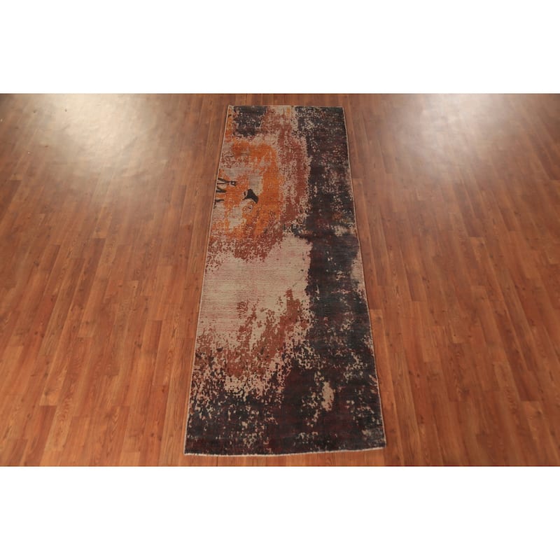 Contemporary Abstract Oriental Runner Rug Hand-Knotted Wool Carpet - 2'10"x 8'4"