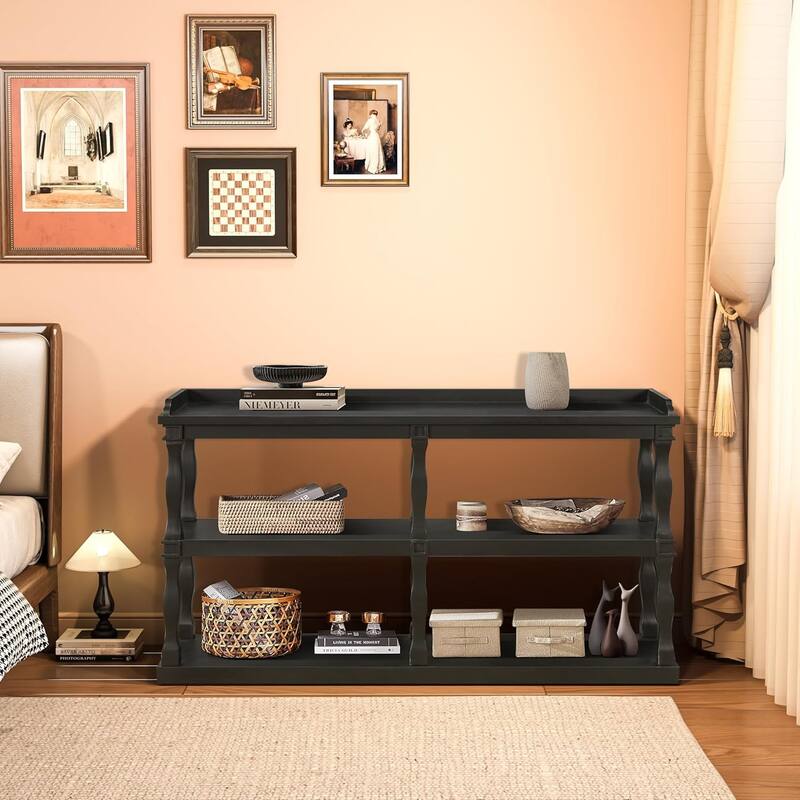 Roomfitters Console Table with 3-Tier Open Storage Spaces and Roman Column Effect Support Legs