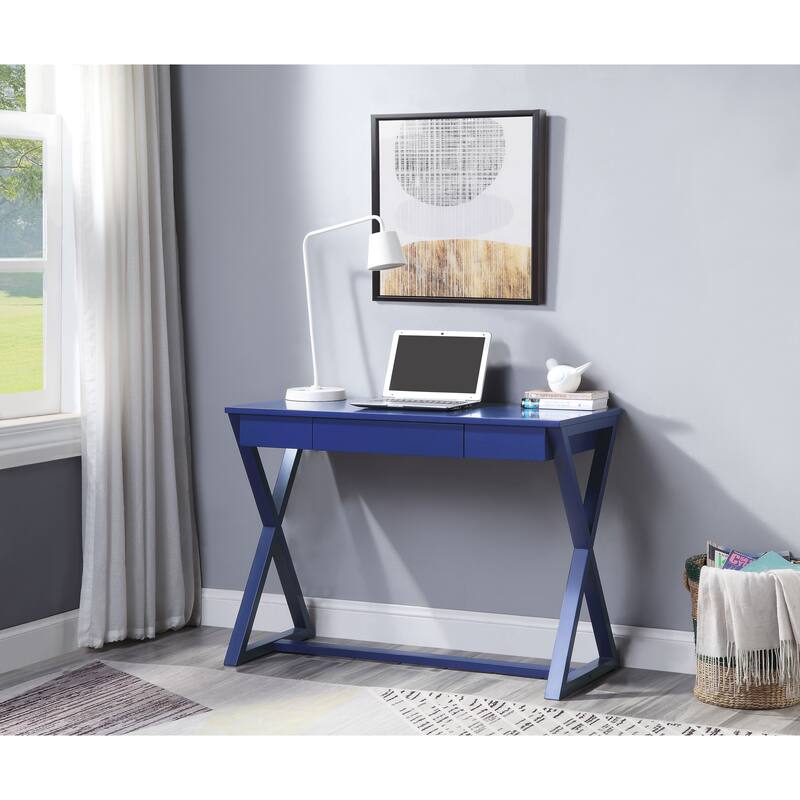 Modern Writing Desk in Solid Wood with 1 Drawer, X-Shape Base, and Elegant English Dovetail Construction for Home Office - Blue