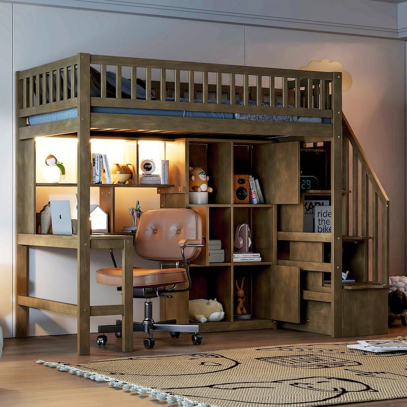 Wooden Twin Loft Bed with Built-in Desk, LED Lights, Storage Shelves, Cabinets & Staircase - Walnut