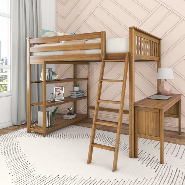 slide 2 of 18, Full-Size High Loft Bed With Bookcase and Desk Pecan