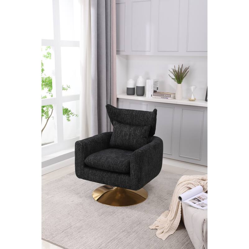 Black Modern 29.9" Upholstered 360° Swivel Accent Chair with Iron Base and Pillow