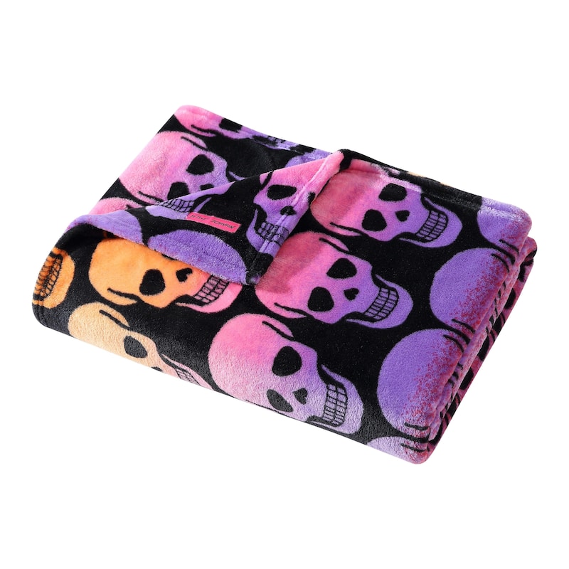 Betsey Johnson Printed Ultra Soft Plush Fleece Throw Blanket - Skull Ombre Black
