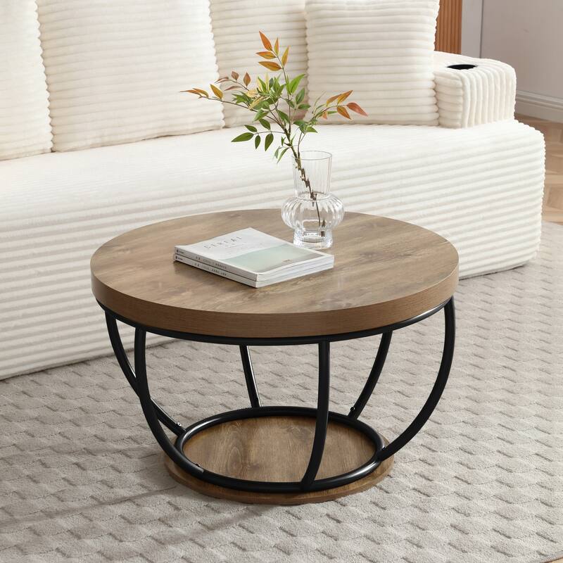 31" Round Industrial Coffee Table with 2-Tier Storage Shelves, Modern Wood & Black Metal Accent Center Table