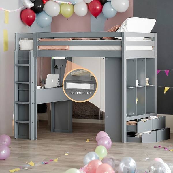slide 2 of 20, Twin Size Loft Bed With Large Shelves,Writing Desk and LED Light for Home Grey