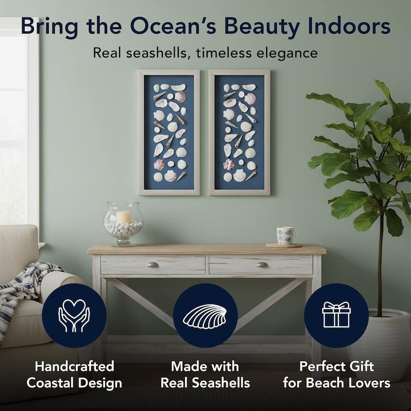 American Art Decor 2-Piece Coastal Seashell & Sea Glass Shadowbox Framed Wall Art Set