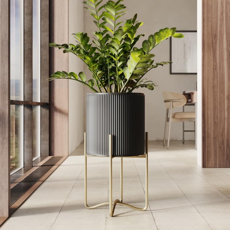 Everett Black Mid-Century Modern Indoor Metal Pot Planter with Tall Metal Base - 25.25" H  x 13.25" W - Gold
