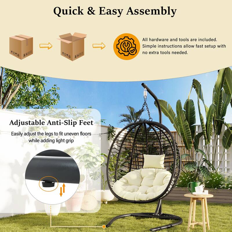 Single Person Folding Egg Chair with Stand, Hanging Egg Chair, Wicker Hammock Swing Chair with Adjustable Anti-Slip Feet