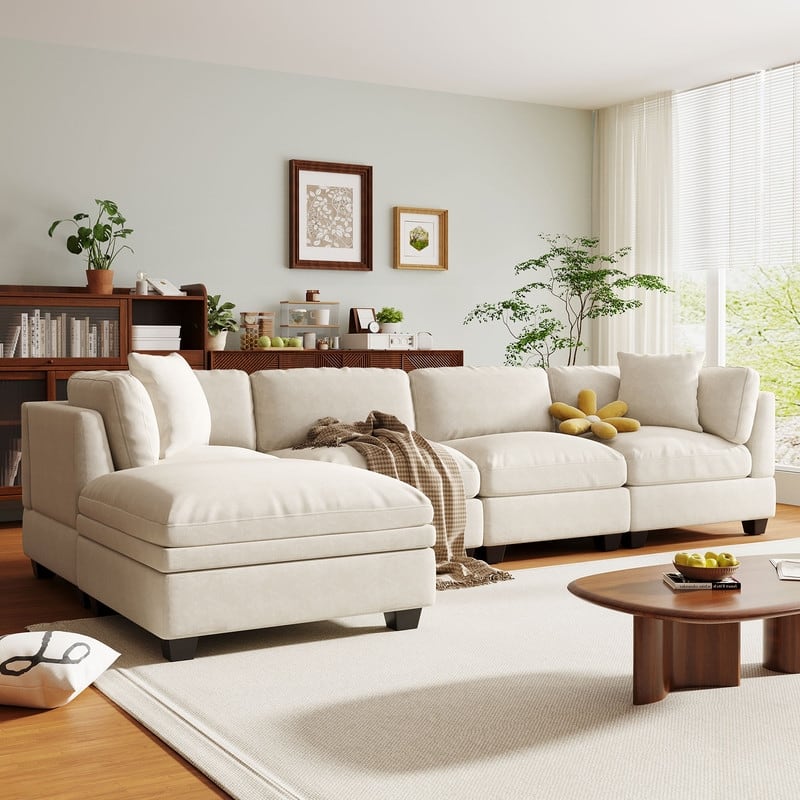 Modular Sofa with Removable Storage Ottoman, 2 Hidden Cup Holders - Beige