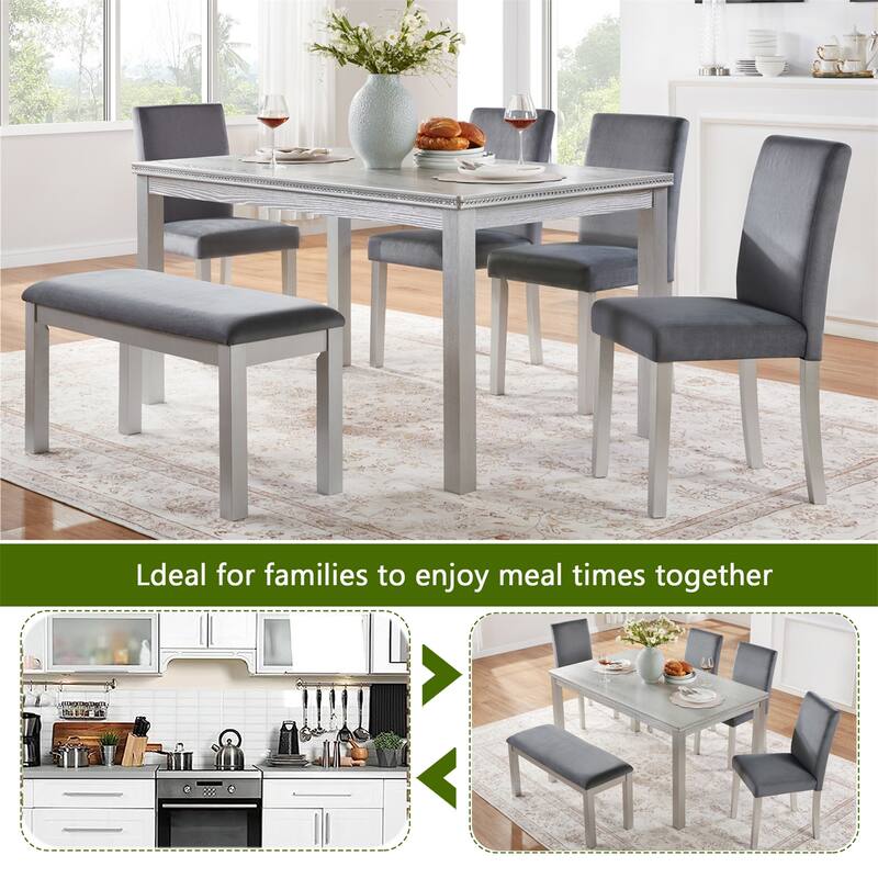6 Piece Wooden Dining Table Set with 4 Upholstered Chairs and Bench for 6 People