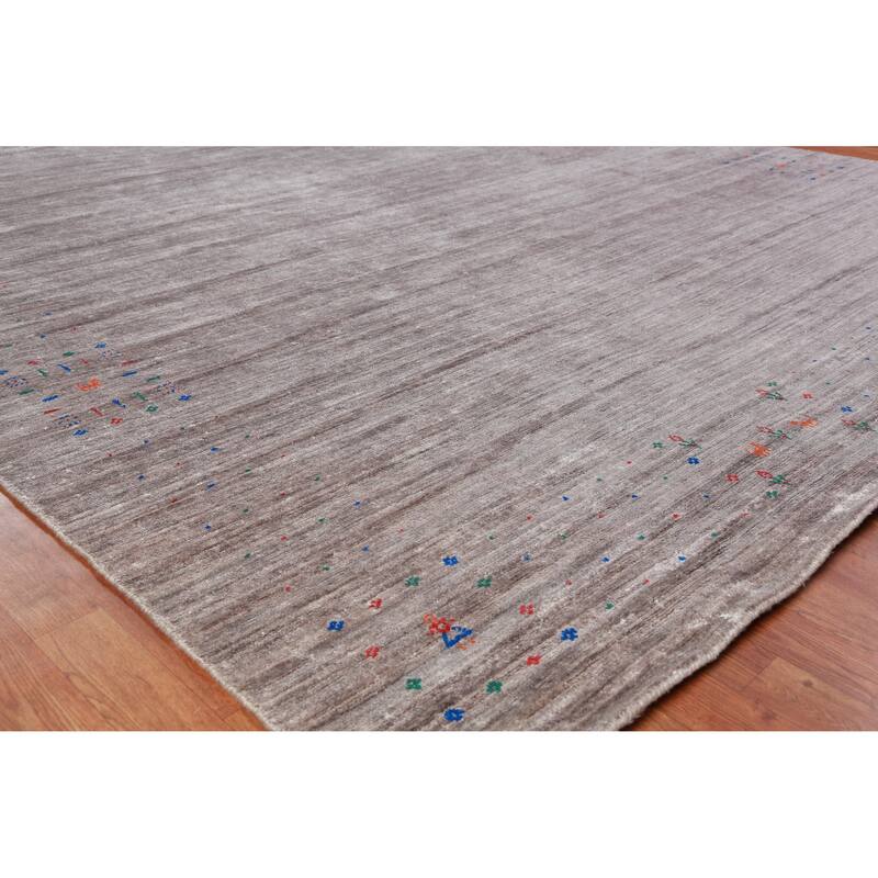 Hand Knotted Oriental Viscose Silk Carpet Tribal Stripe Greys & Charcoal Gabbeh Area Rug - 12' 0'' X 9' 2''