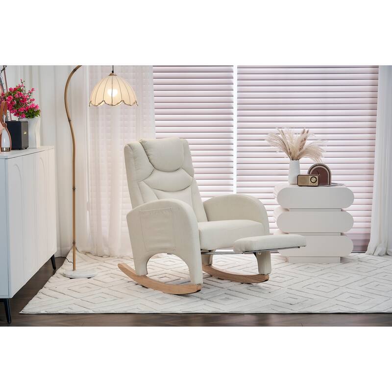 Comfortable Rocking Chair with Adjustable Footrest and Spacious Seat, Perfect for Relaxing and Unwinding.
