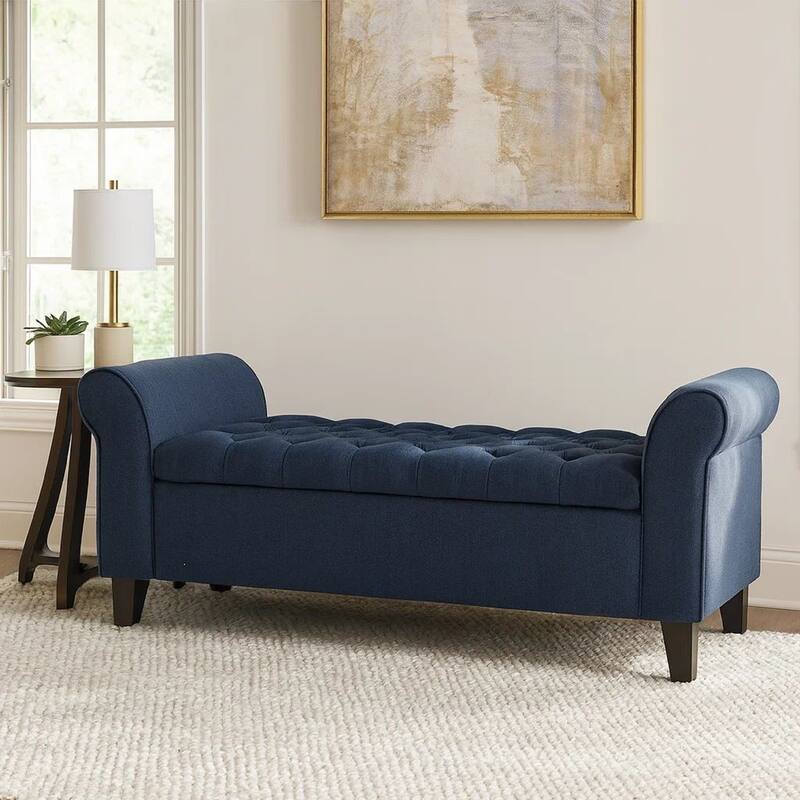 Shawn Storage Bench with Rolled Arms, 50 Inch Button Tufted, Dark Blue
