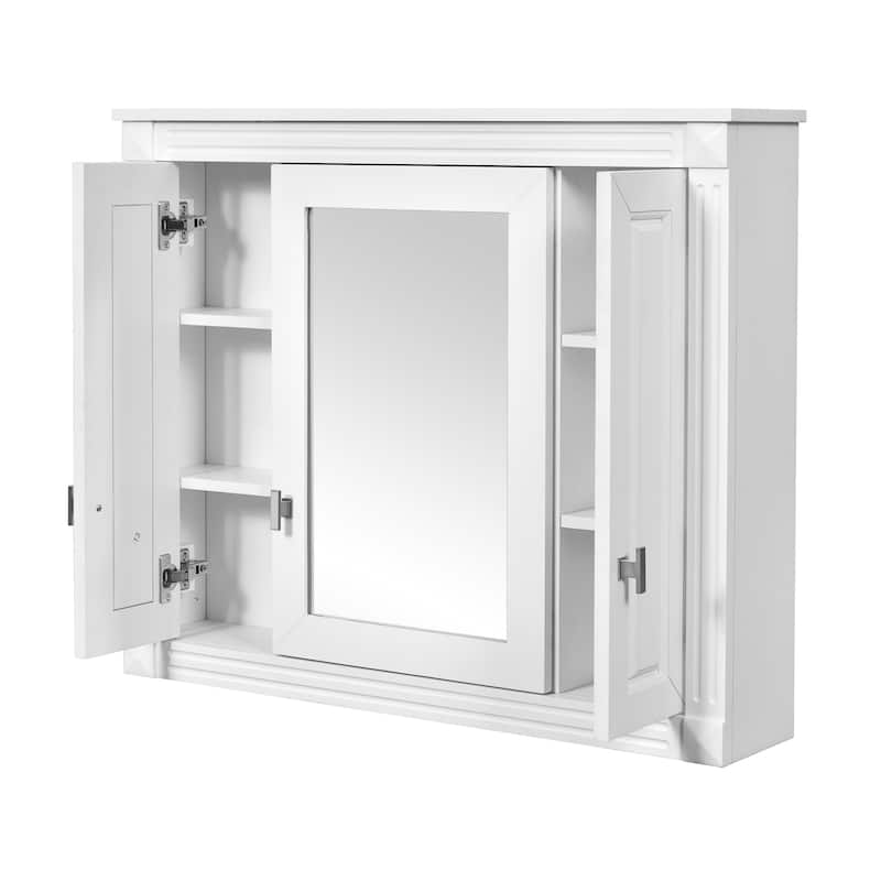 White MDF Wall Mounted Mirror Cabinet with Adjustable Shelves Storage - 34.04" x 7.13" x 28.74" (L x W x H)