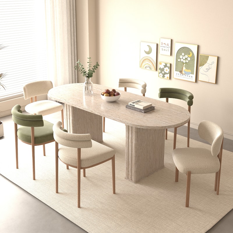 Kitchen extendable dining table for 4-8 people, oval kitchen table with wooden strip base for family living room - Beige