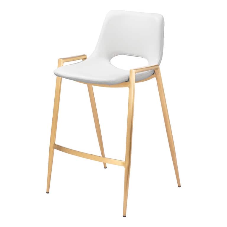 Set of Two 26" White And Gold Faux Leather And Steel Low Back Counter Height Bar Chairs