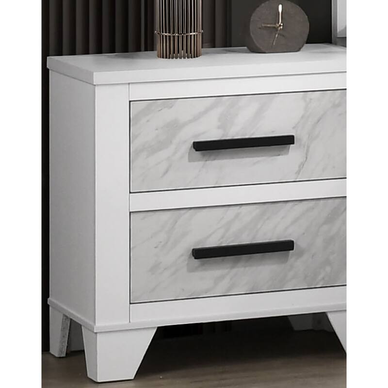White Nightstand with Black Bar Pulls and Faux Marble Insert