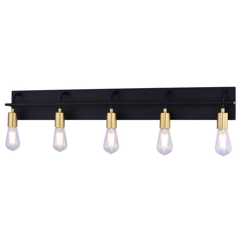 Seward Park 5-Light 36 in. W Black and Satin Brass Gold Bare Bulb Industrial Bathroom Vanity Lighting Fixture, Full Backplate