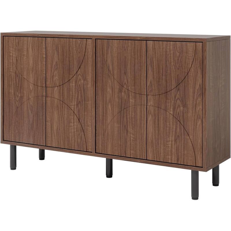 Mid Century Modern Kitchen Cupboard with Adjustable Shelves and Touch Push Doors in Brown - 55.12" x 13.78" x 32.48"