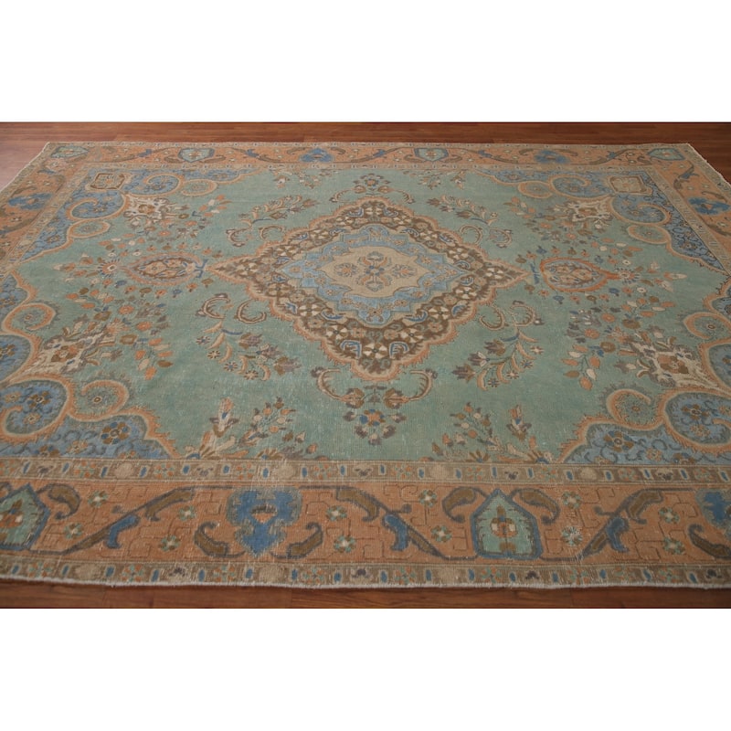 Turquoise Green Tabriz Persian Vintage Area Rug Handmade Wool Carpet - 7'6" x 10'10"