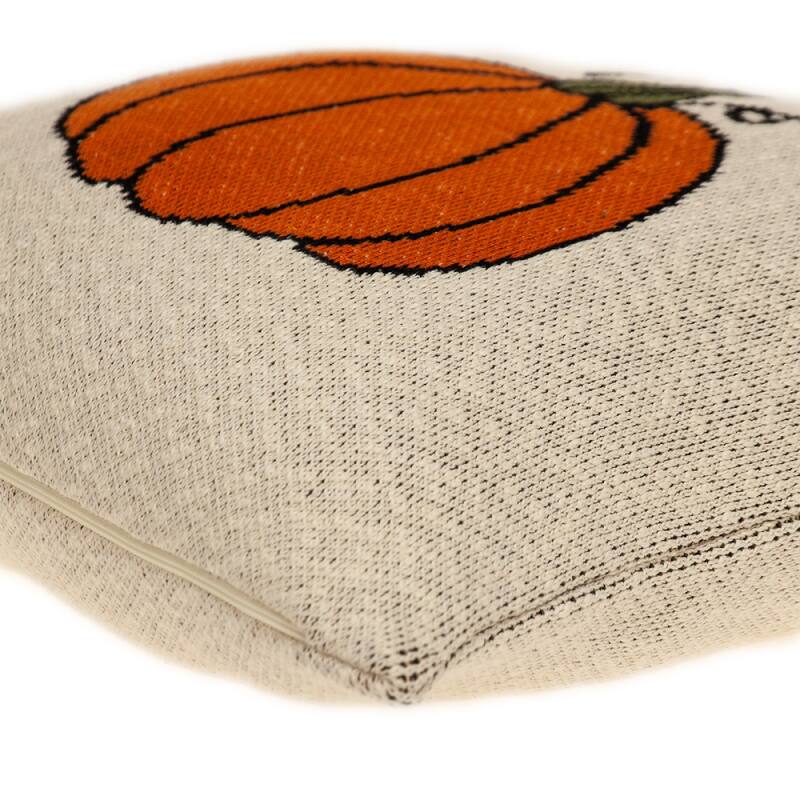 20" Beige and Orange Fall Harvest Pumpkin Knitted Throw Pillow