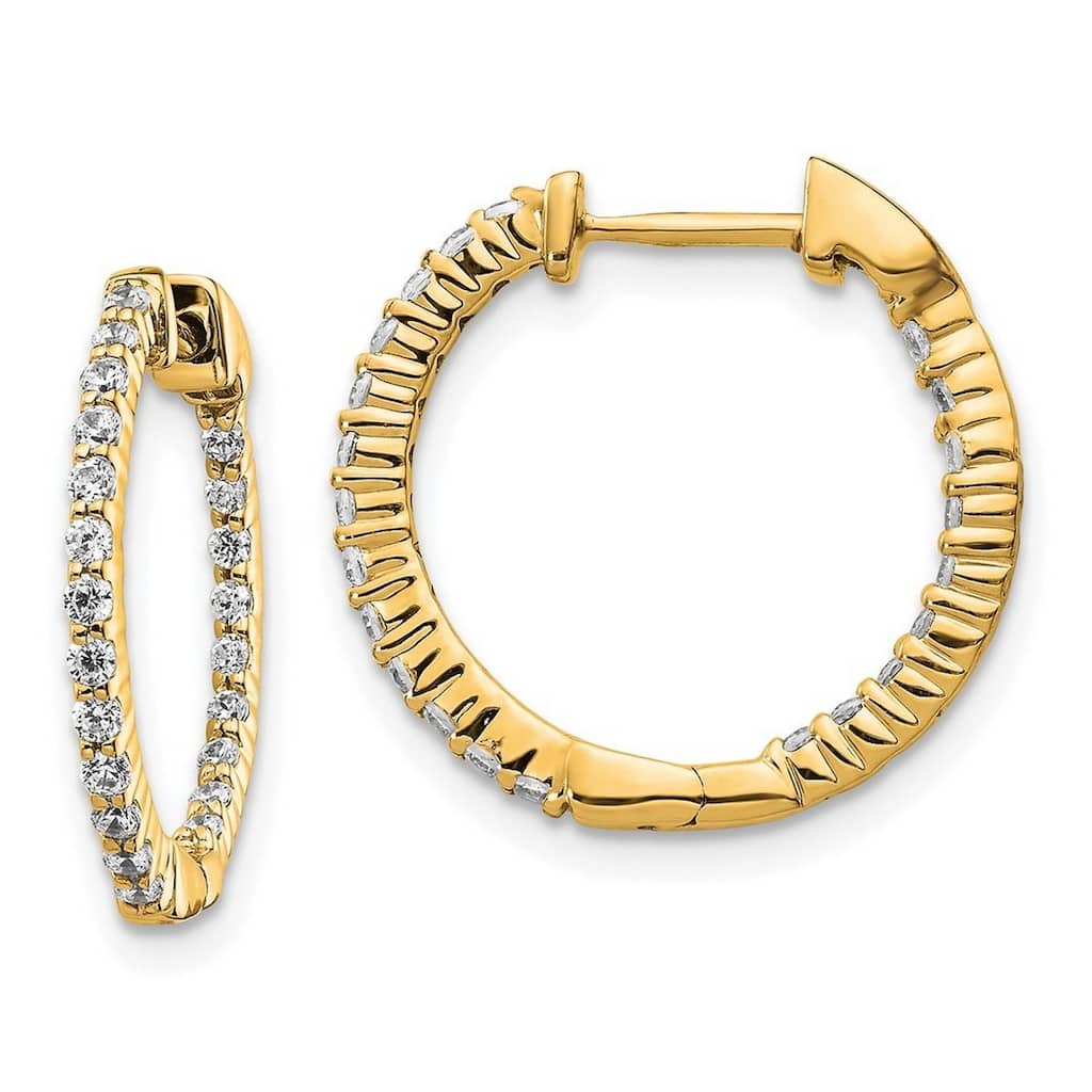 Curata 14k Gold Polished Diamond In and Out Hinged Hoop Earrings - 18x18mm Wide 1mm Thick