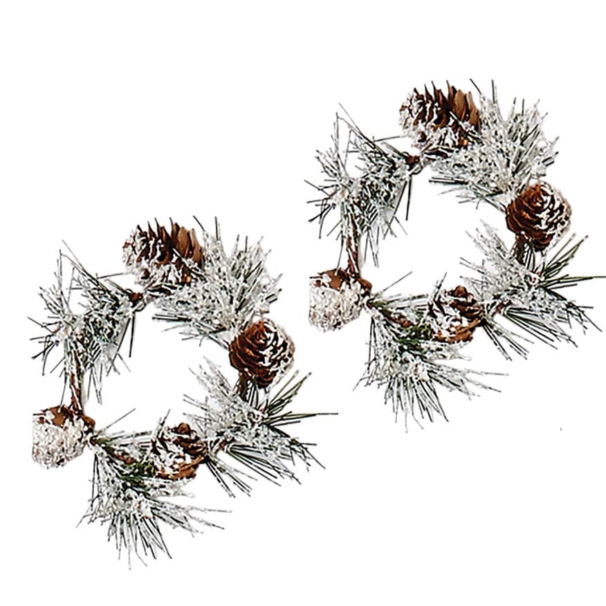 2.25" Snowy Pine & Cone Candle Ring, Set of 2 - 5