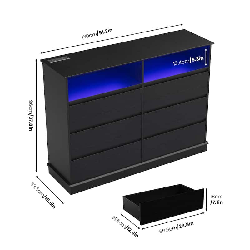 6 Drawer Dresser with LED Lights & Charging Station, Modern Chest of Drawers with Open Shelf