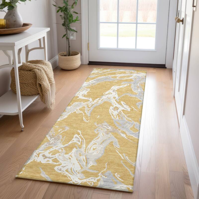 Machine Washable Indoor/ Outdoor Modern Wave Chantille Rug - Gold - 2'3" x 7'6"