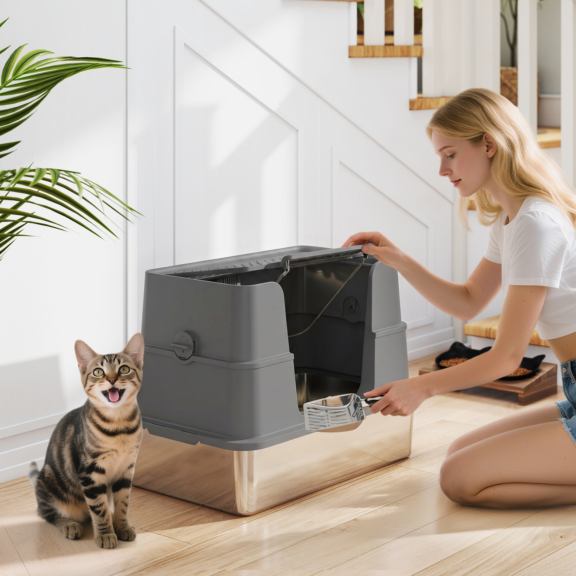PawHut XL Stainless Steel Litter Box with Lid, for Big Cats with 100° Flip Top, Scoop, Odor Free,, Dark Gray