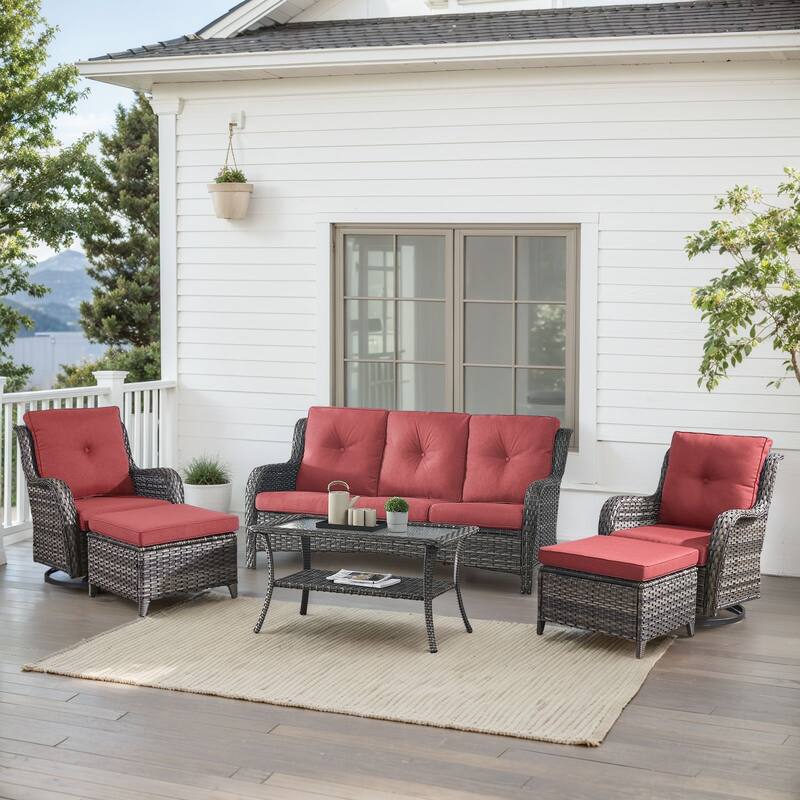 Outdoor Swivel Chairs with Sofa Ottoman Grey-Red - Grey - Grey - Red