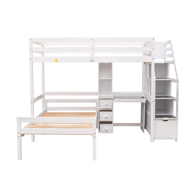 Twin Over Twin Loft Bed with a Stand-alone Bed & Storage Staircase, Solid Wood Twin Bed Frame with Desk, Shelves and Drawers